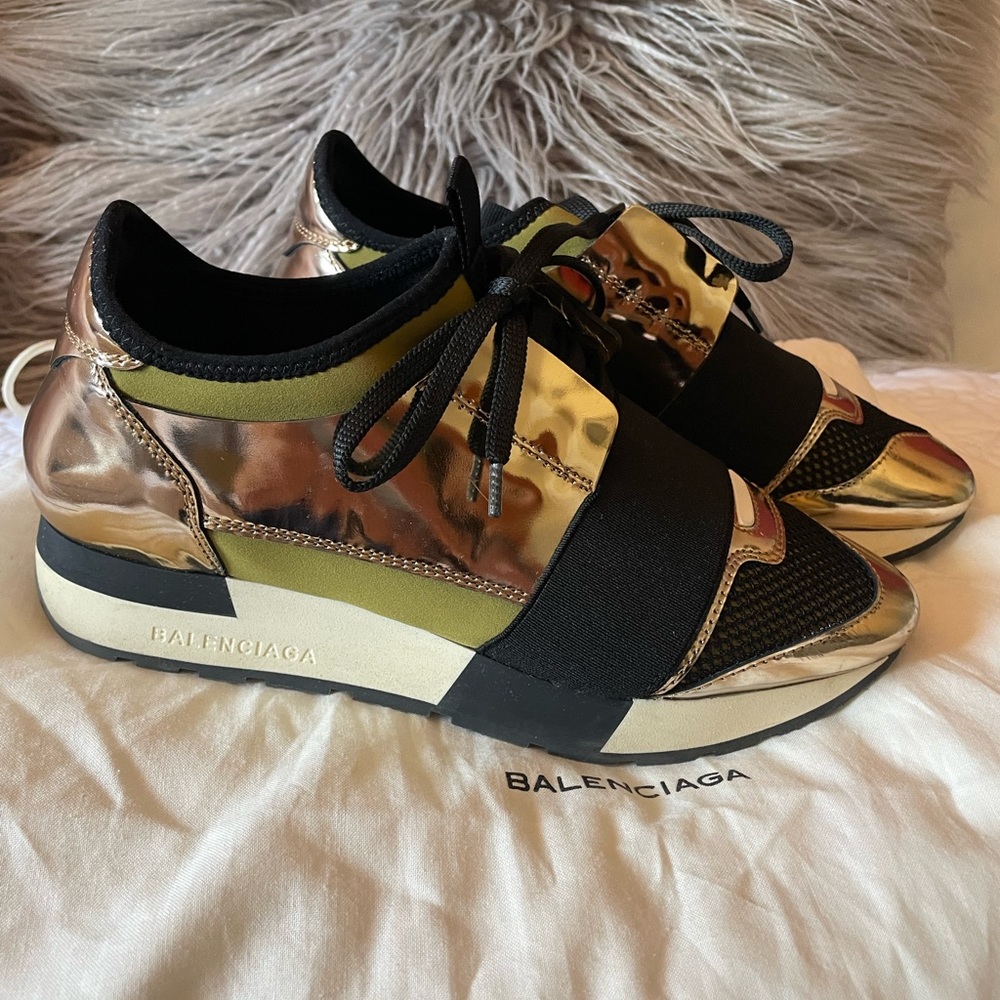 Gold Balenciaga w/ Black & Olive Green Race Runner Sneakers